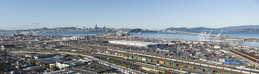Aerial view of Oakland port and skyline